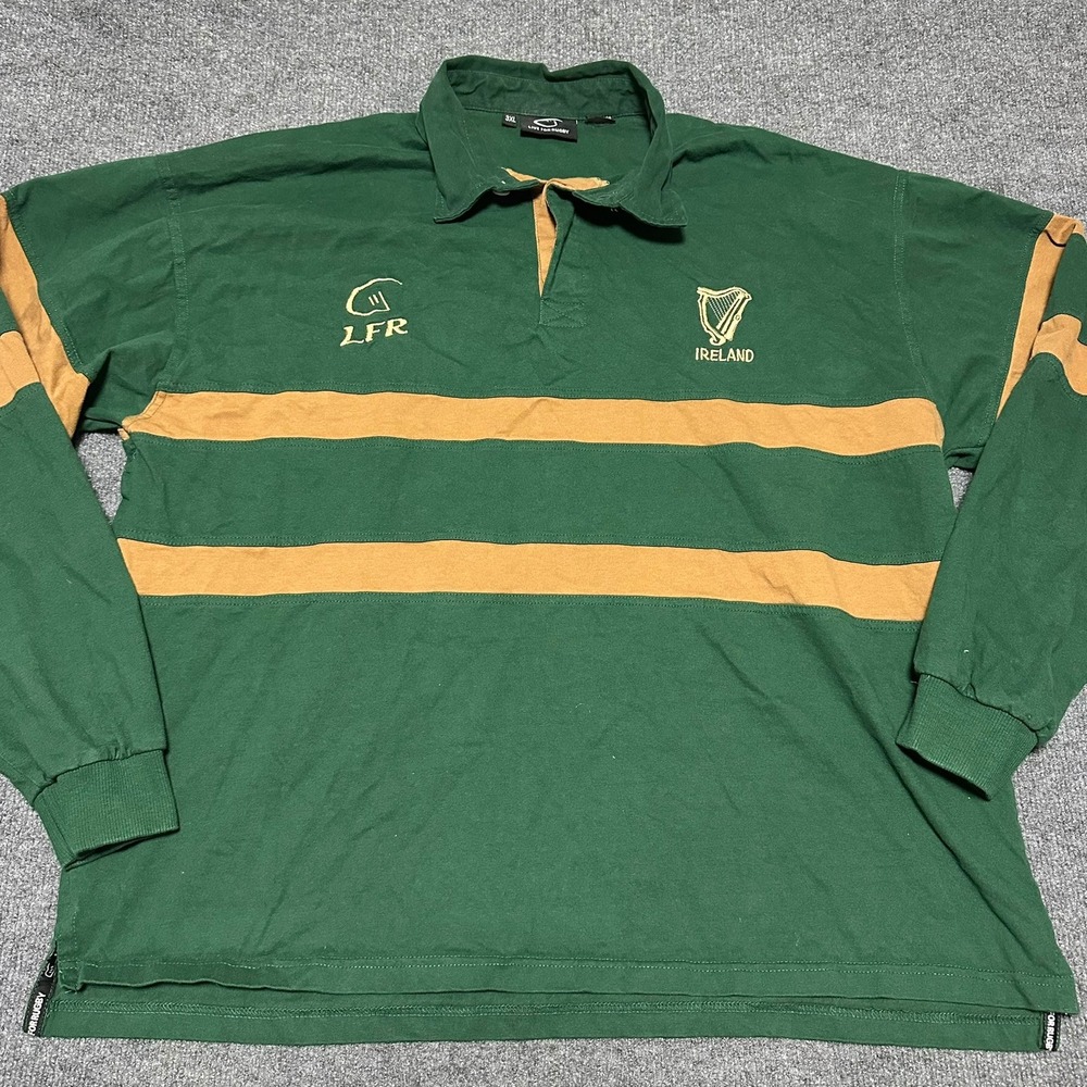 Live For Rugby Ireland Green Gold Striped Long Sleeve Polo Shirt Mens 3XL